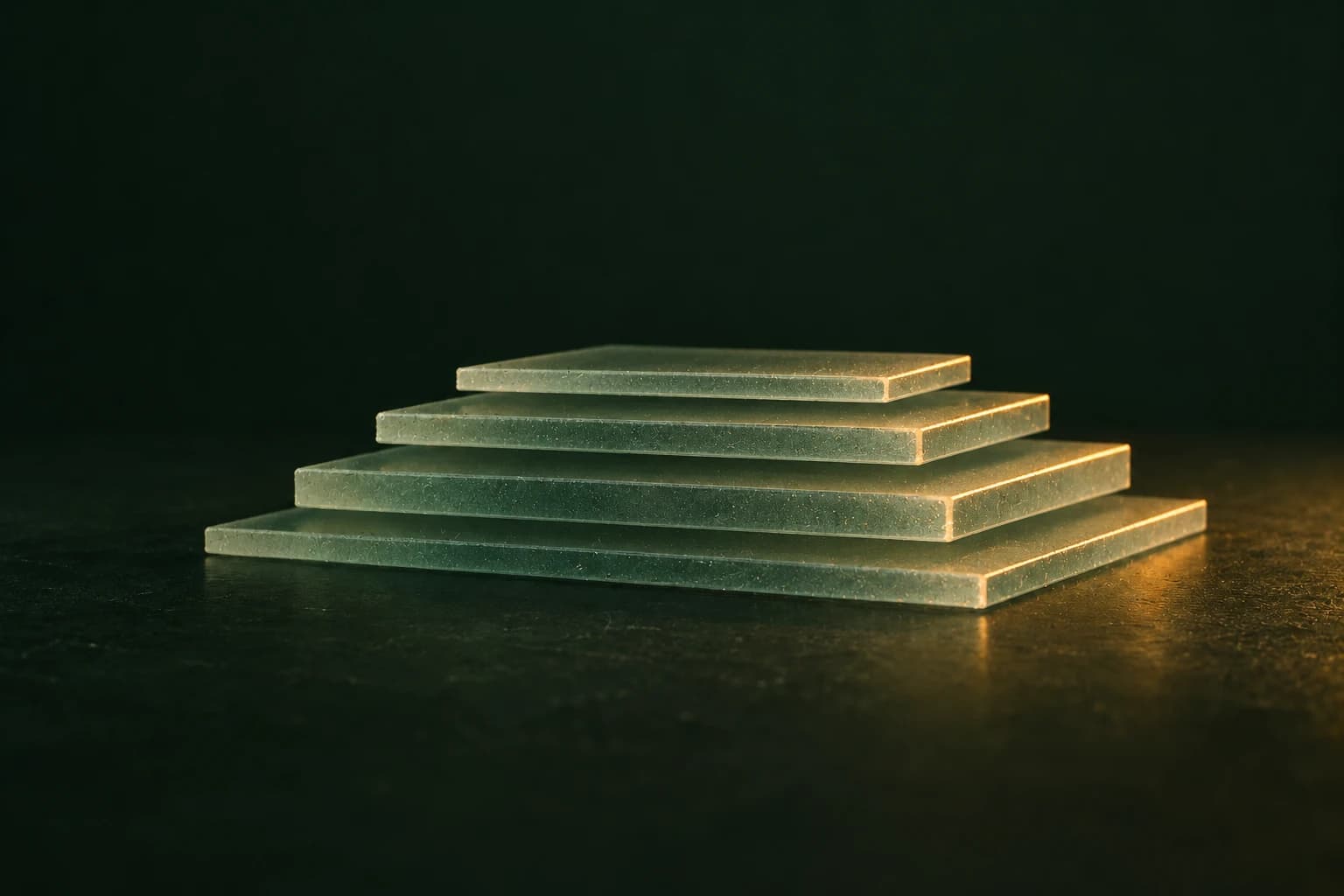 Four sheets of frosted glass stacked from widest to narrowest, lit from the side, standing for the layers of a language model