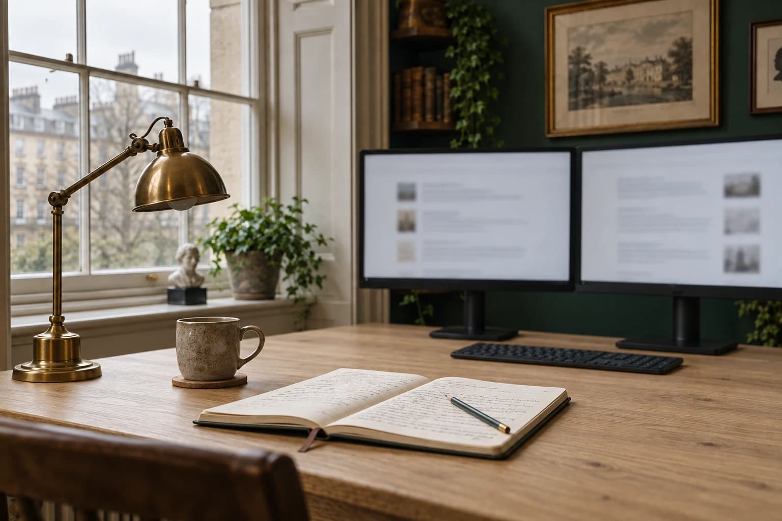 A research desk in a Regency office, with search results open on two monitors behind a notebook of handwritten notes