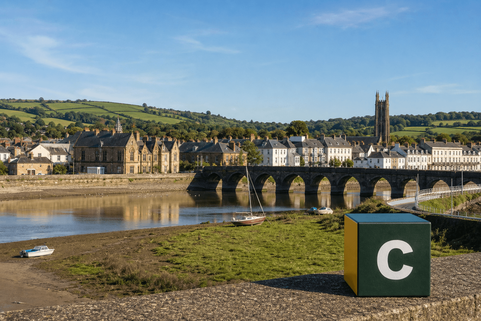 AI training in Barnstaple with a realistic Coaley Peak branded 3D cube at Barnstaple Long Bridge