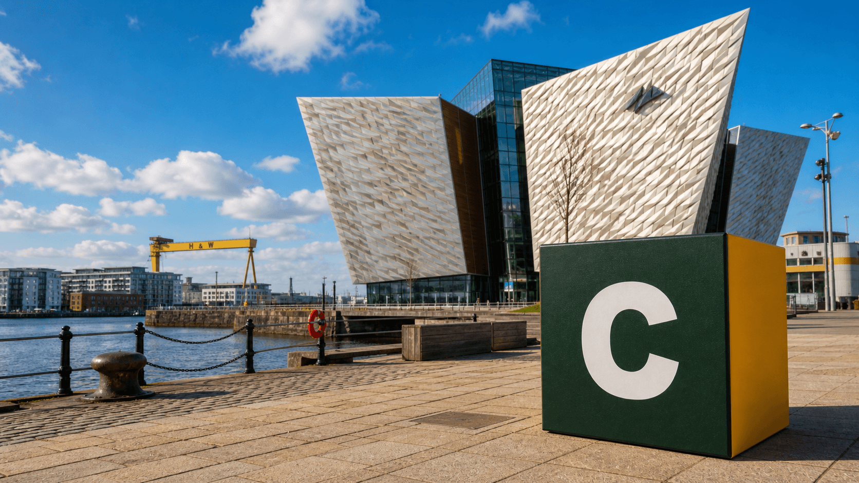 AI training in Belfast with a realistic Coaley Peak branded 3D cube at Titanic Belfast and the Belfast waterfront