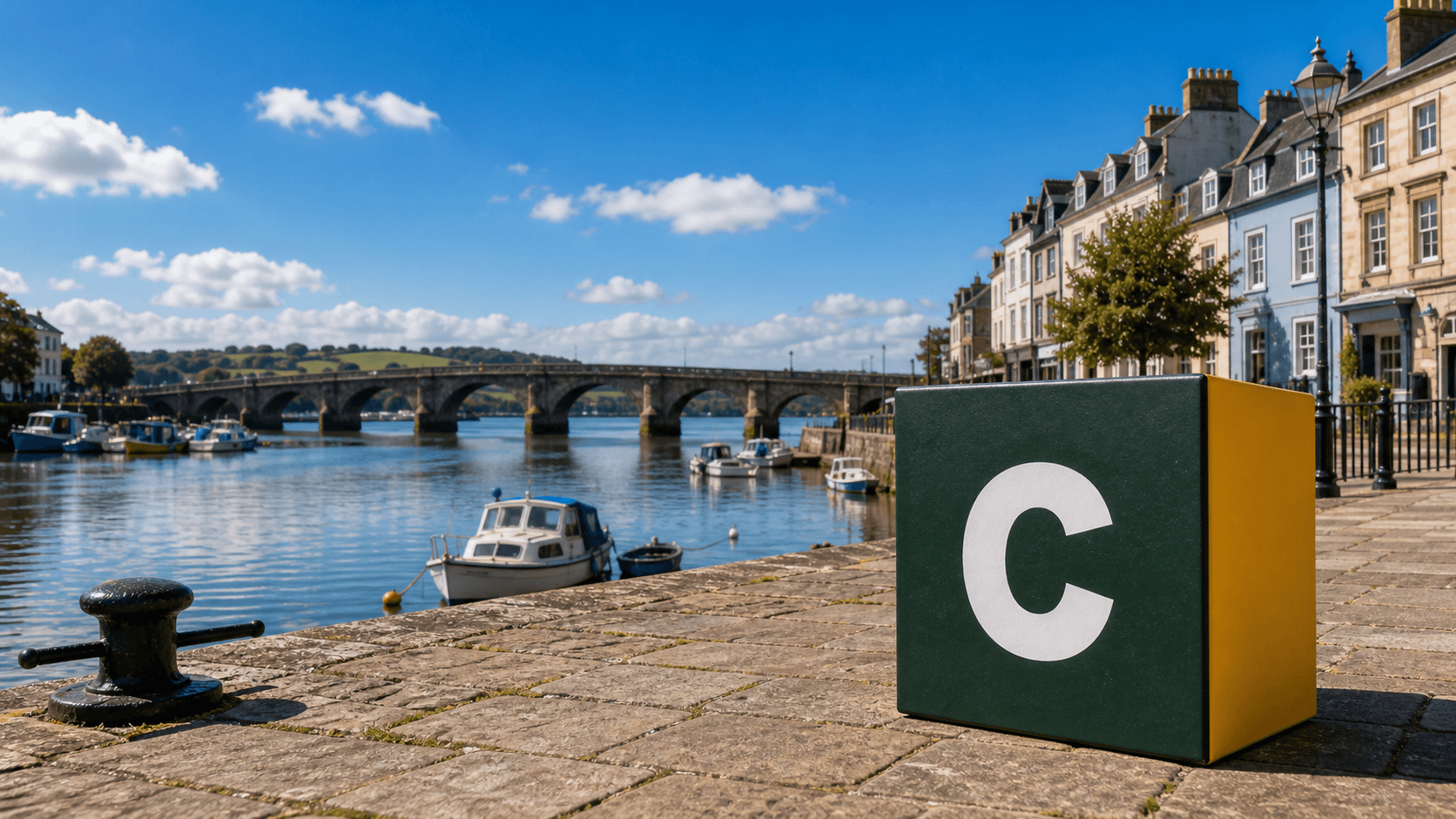 AI training in Bideford with a realistic Coaley Peak branded 3D cube at Bideford Long Bridge and Quay