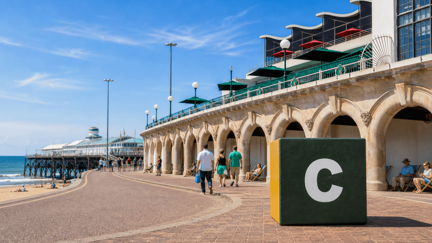 AI training in Bournemouth with a realistic Coaley Peak branded 3D cube at Bournemouth Pier