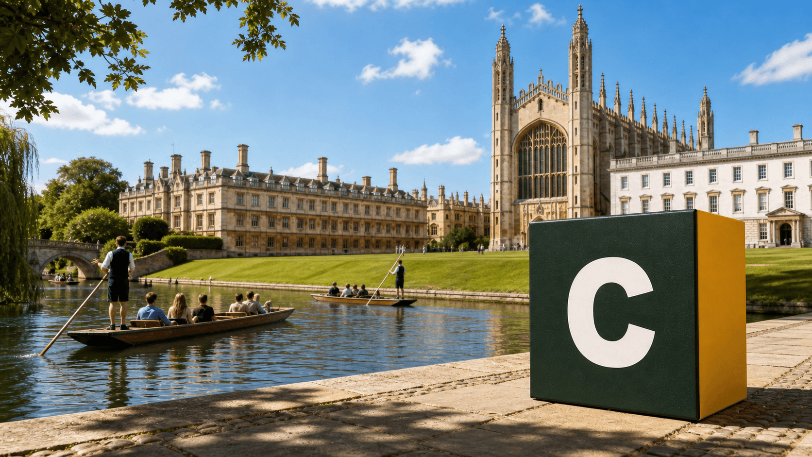 AI training in Cambridge with a realistic Coaley Peak branded 3D cube at King's College Chapel and the River Cam