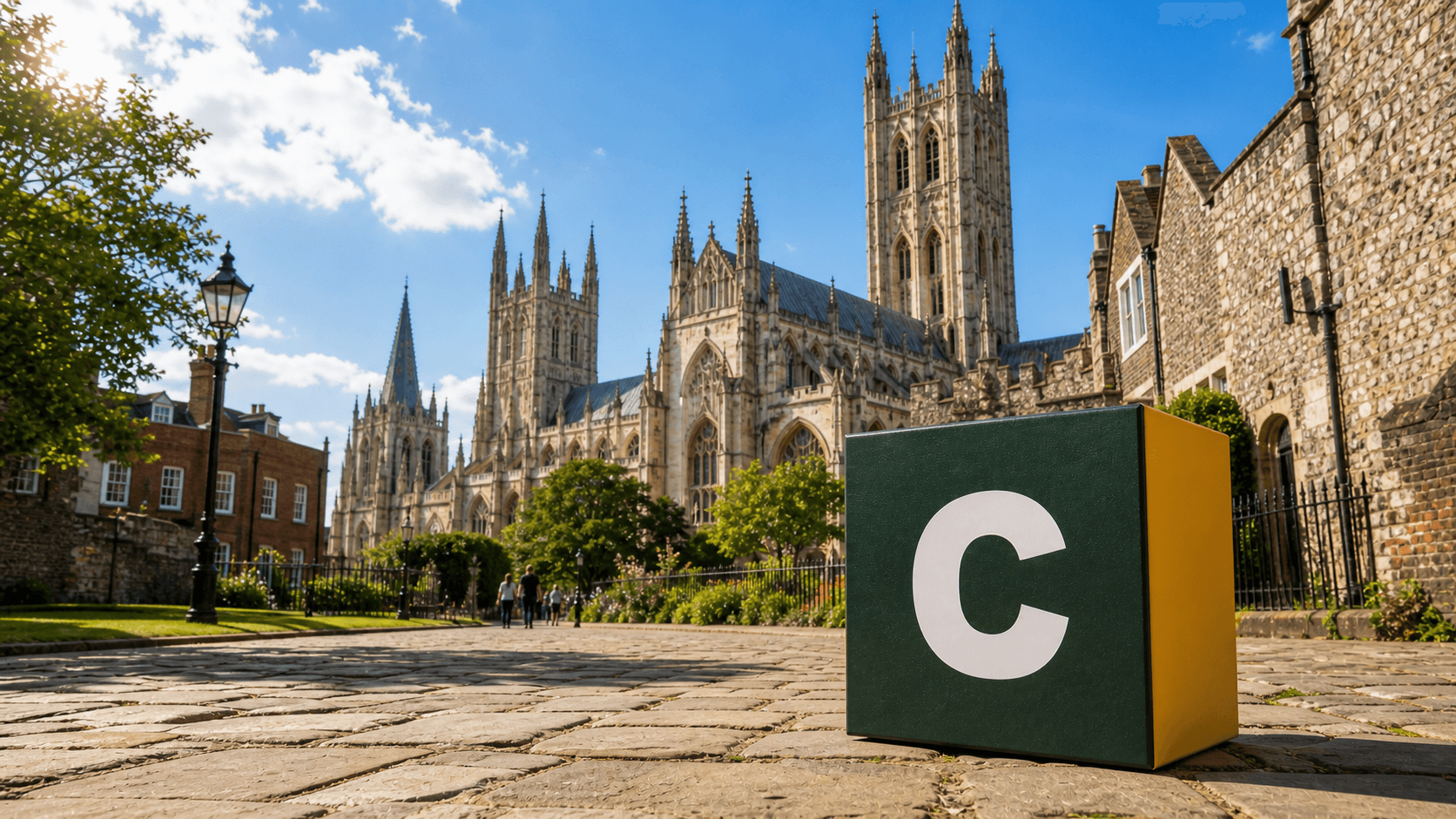 AI training in Canterbury with a realistic Coaley Peak branded 3D cube at Canterbury Cathedral precinct