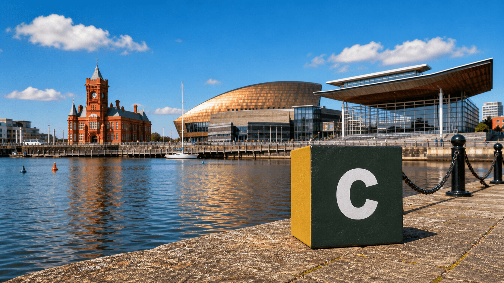 AI training in Cardiff with a realistic Coaley Peak branded 3D cube at Cardiff Bay and the Wales Millennium Centre