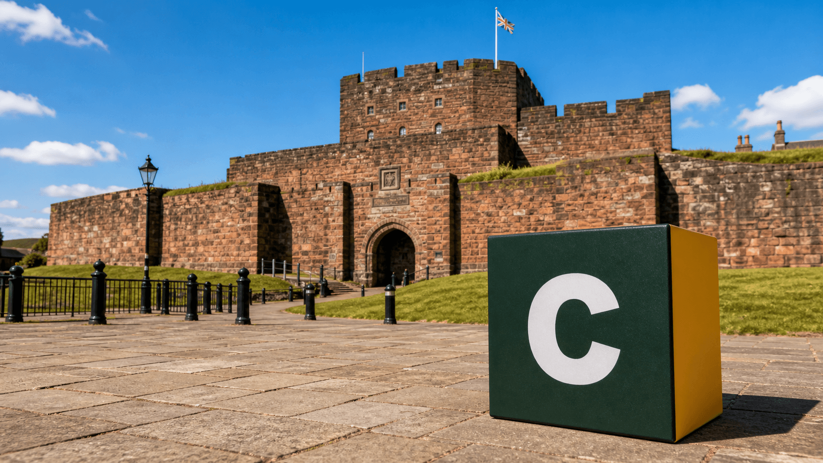AI training in Carlisle with a realistic Coaley Peak branded 3D cube at Carlisle Castle