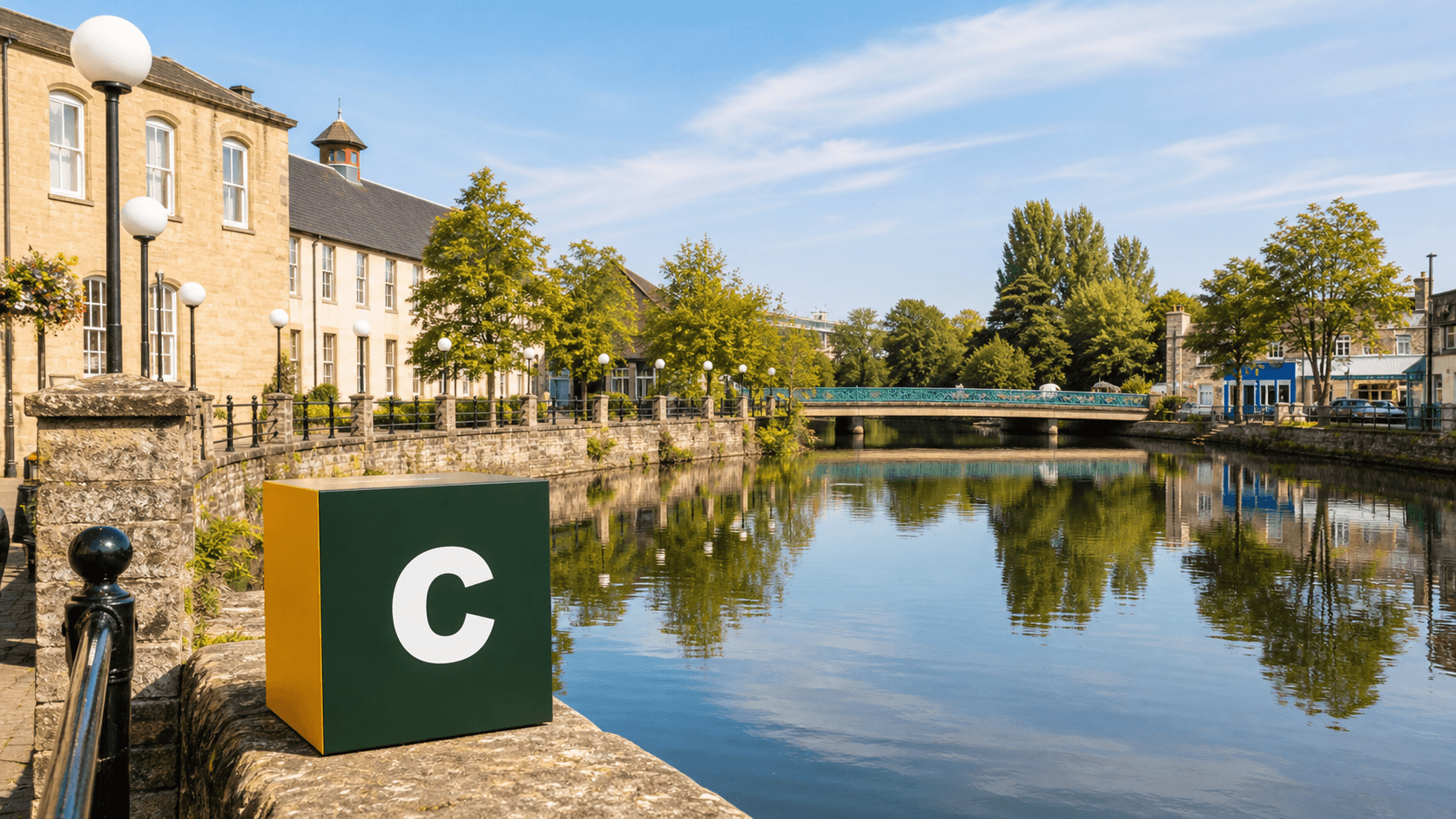AI training in Chippenham with a realistic Coaley Peak branded 3D cube at Chippenham Town Bridge