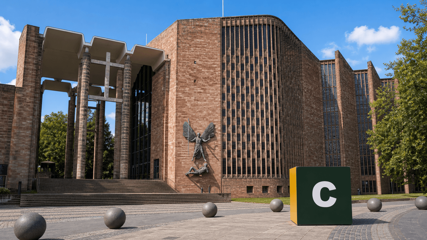 AI training in Coventry with a realistic Coaley Peak branded 3D cube at Coventry Cathedral