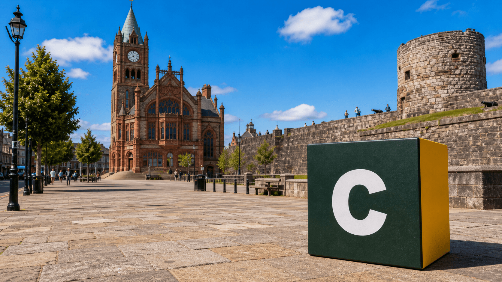 AI training in Derry with a realistic Coaley Peak branded 3D cube at Derry Guildhall and city walls