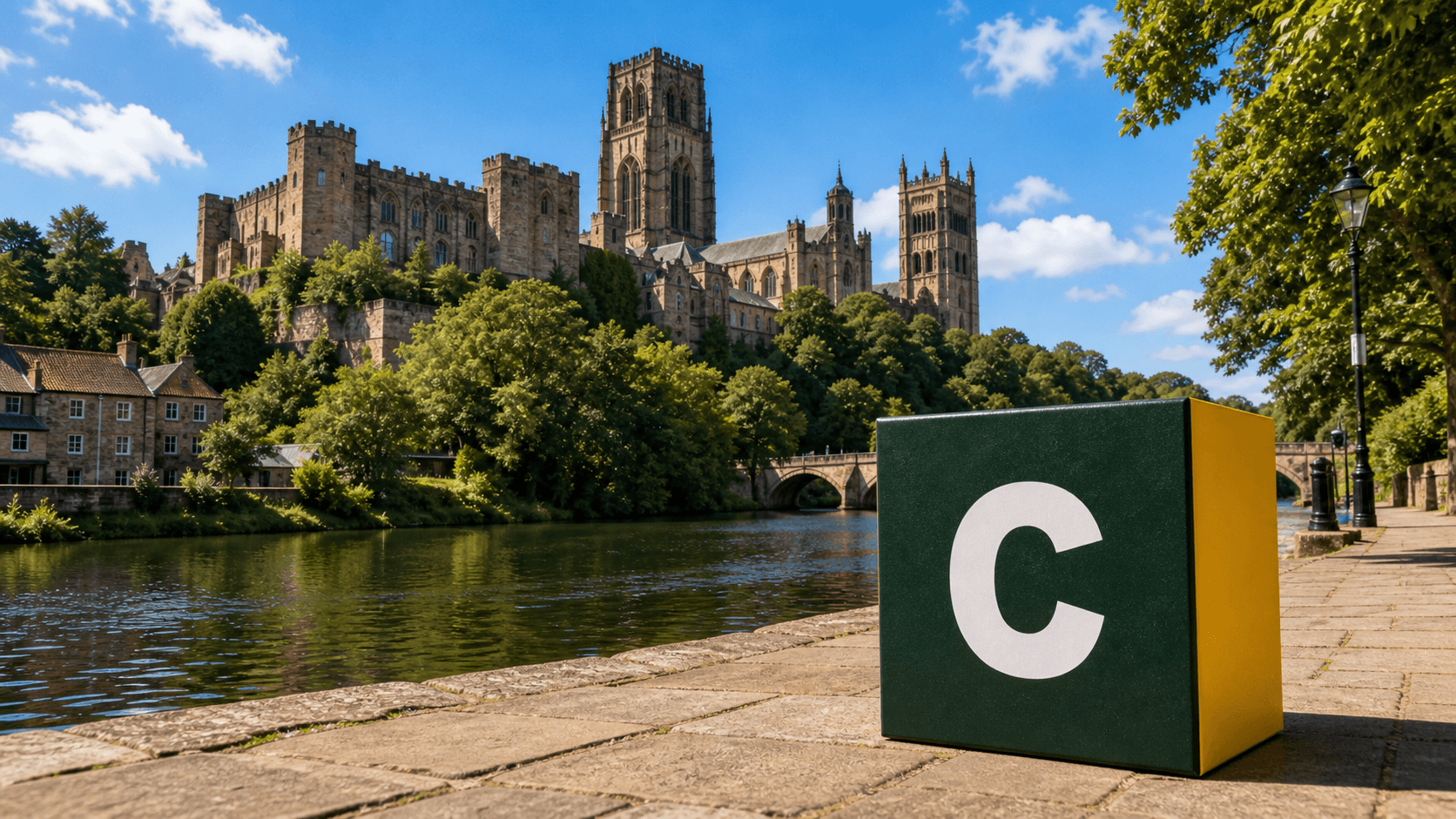 AI training in Durham with a realistic Coaley Peak branded 3D cube at Durham Cathedral and the River Wear