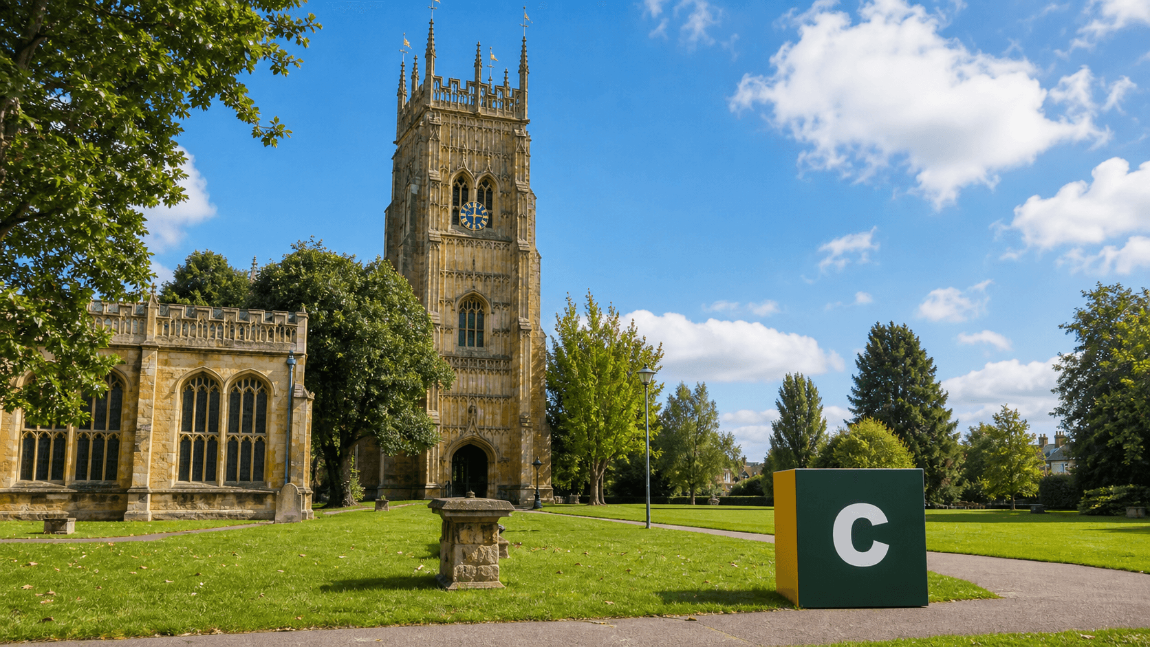 AI training in Evesham with a realistic Coaley Peak branded 3D cube at Evesham Bell Tower