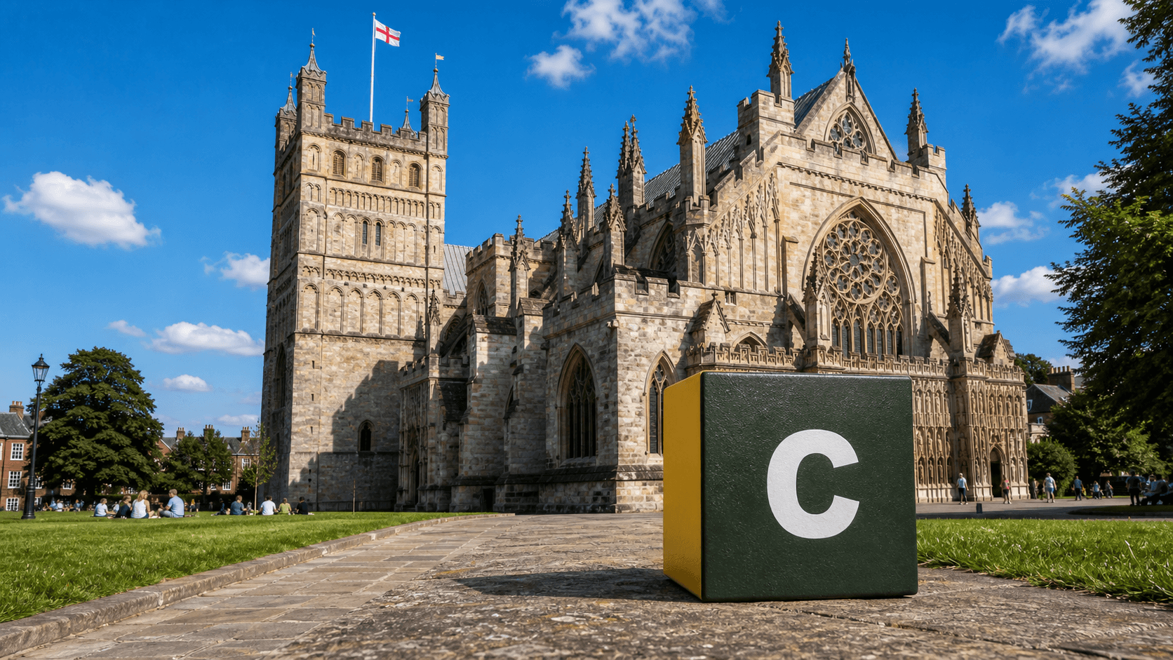 AI training in Exeter with a realistic Coaley Peak branded 3D cube at Exeter Cathedral