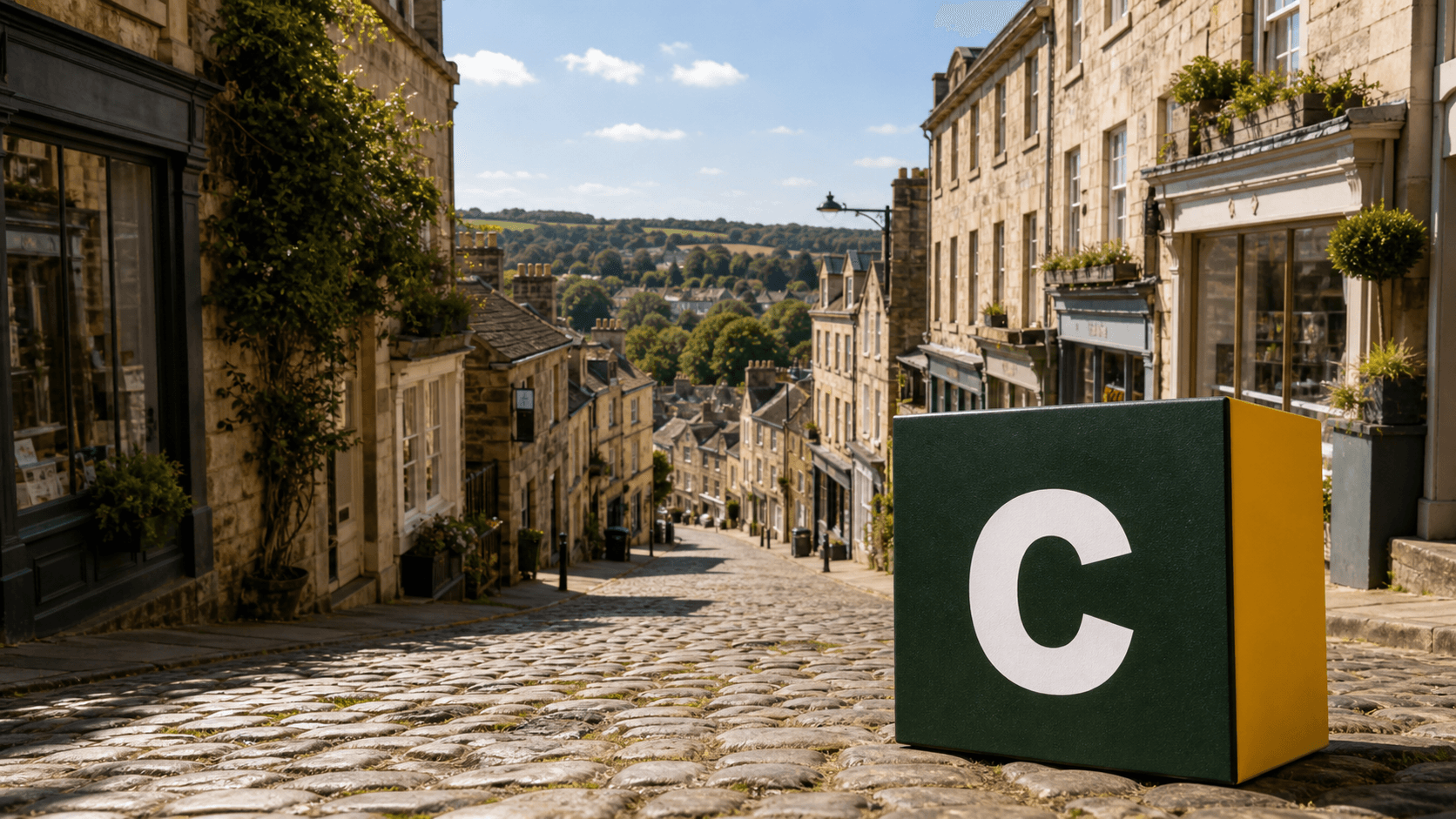 AI training in Frome with a realistic Coaley Peak branded 3D cube at Catherine Hill in Frome
