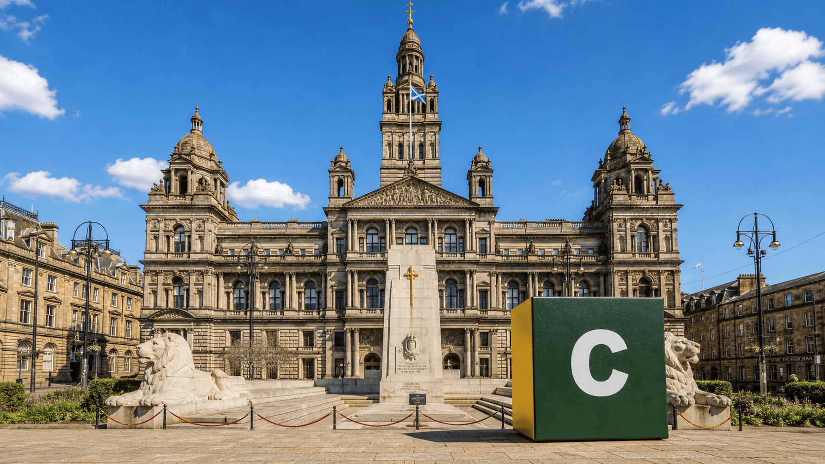 AI training in Glasgow with a realistic Coaley Peak branded 3D cube at Glasgow City Chambers