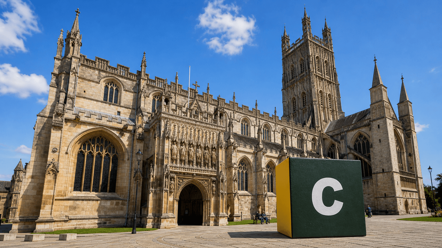 AI training in Gloucester with a realistic Coaley Peak branded 3D cube at Gloucester Cathedral