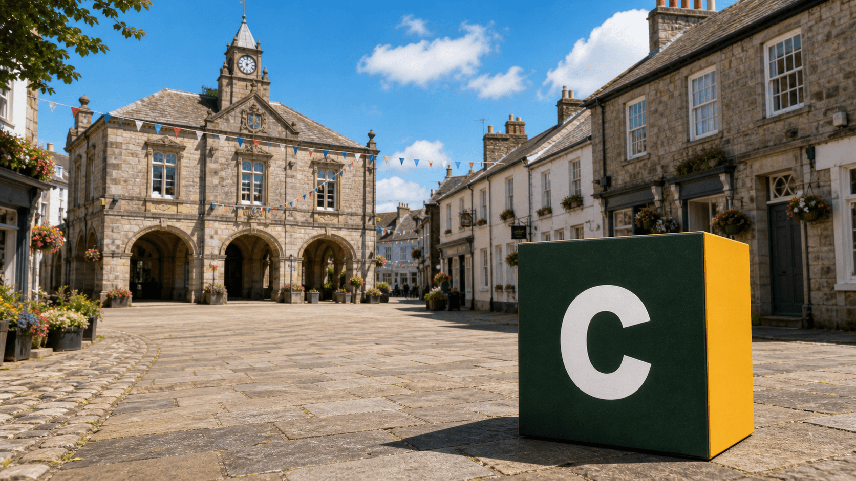 AI training in Helston with a realistic Coaley Peak branded 3D cube at Helston Guildhall and historic town centre