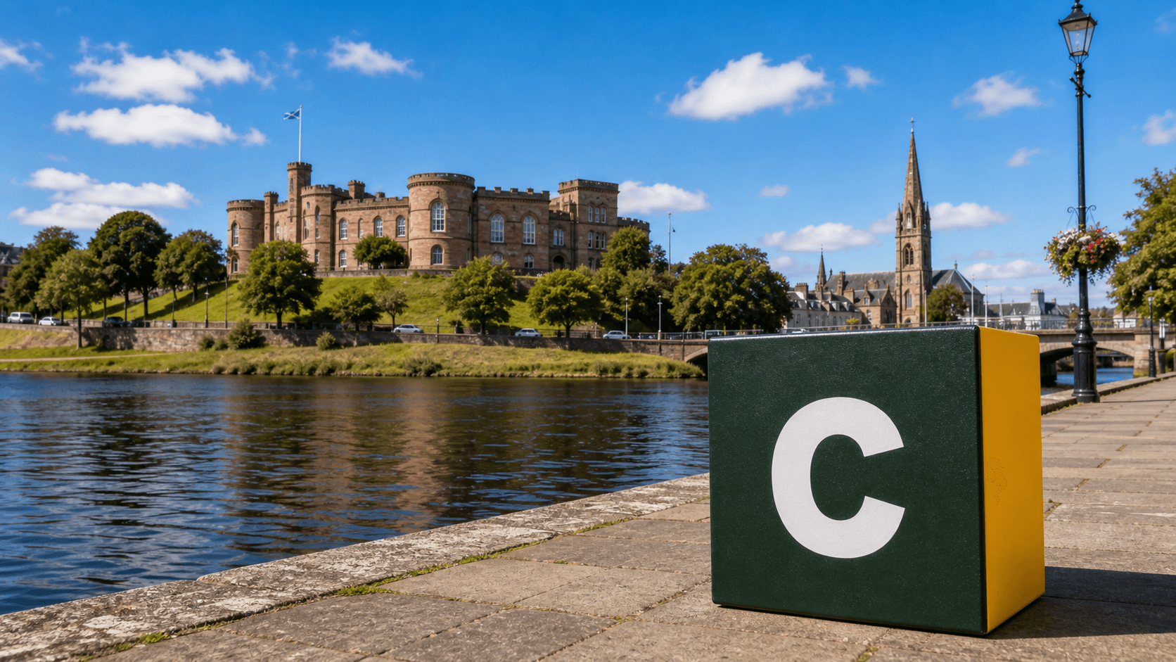 AI training in Inverness with a realistic Coaley Peak branded 3D cube at Inverness Castle and the River Ness