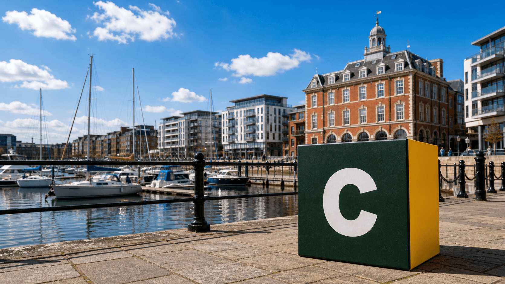 AI training in Ipswich with a realistic Coaley Peak branded 3D cube at Ipswich Waterfront and the Old Custom House