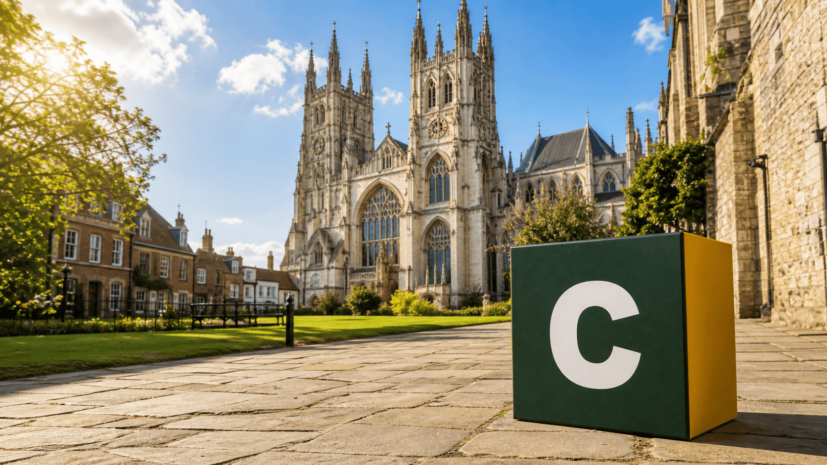 AI training in Kent with a realistic Coaley Peak branded 3D cube at Canterbury Cathedral and historic Kent stone streets