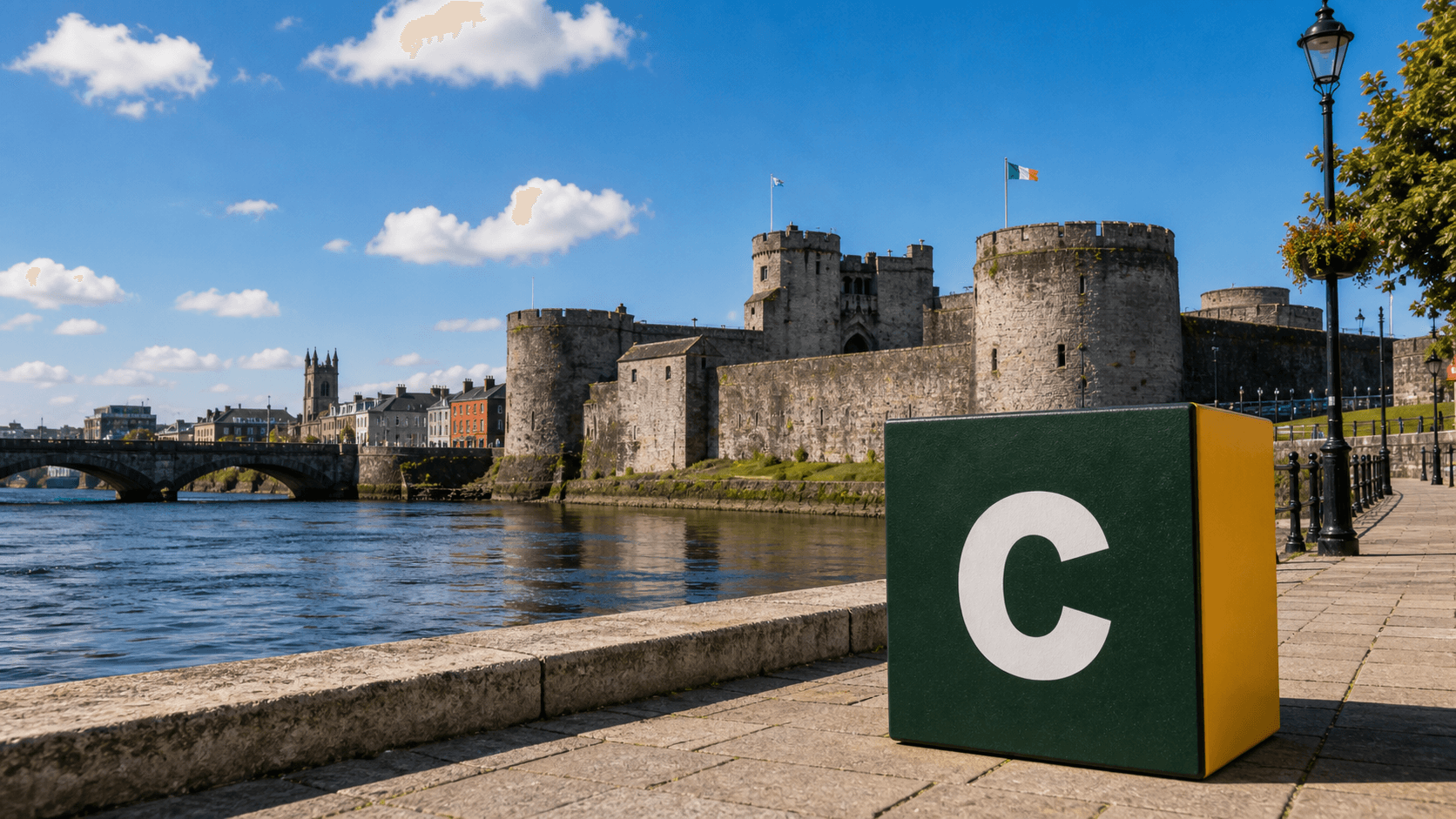 AI training in Limerick with a realistic Coaley Peak branded 3D cube at King John's Castle and the River Shannon