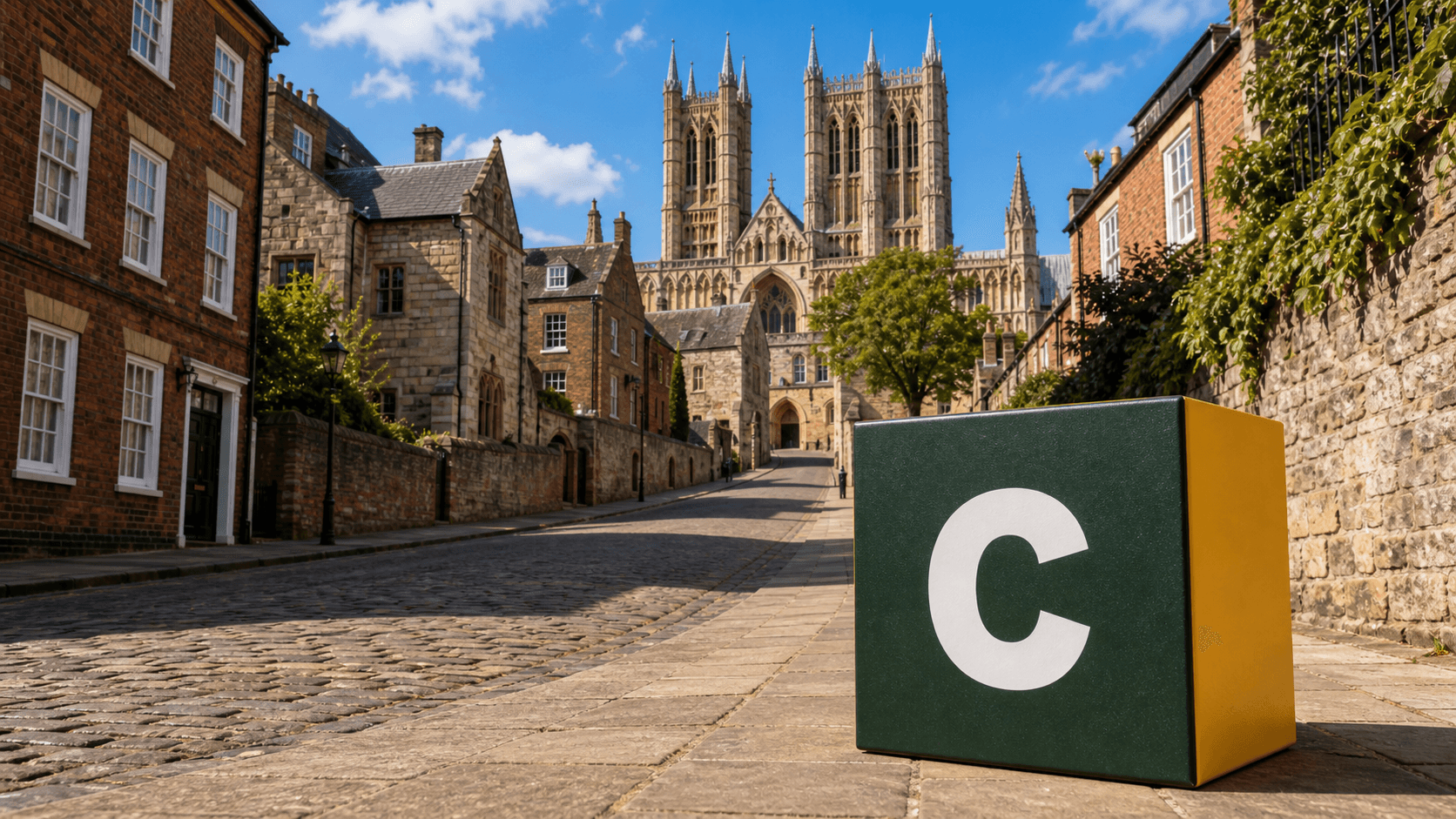 AI training in Lincoln with a realistic Coaley Peak branded 3D cube at Lincoln Cathedral