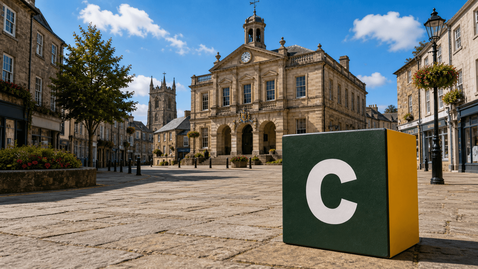 AI training in Liskeard with a realistic Coaley Peak branded 3D cube at Liskeard historic town centre