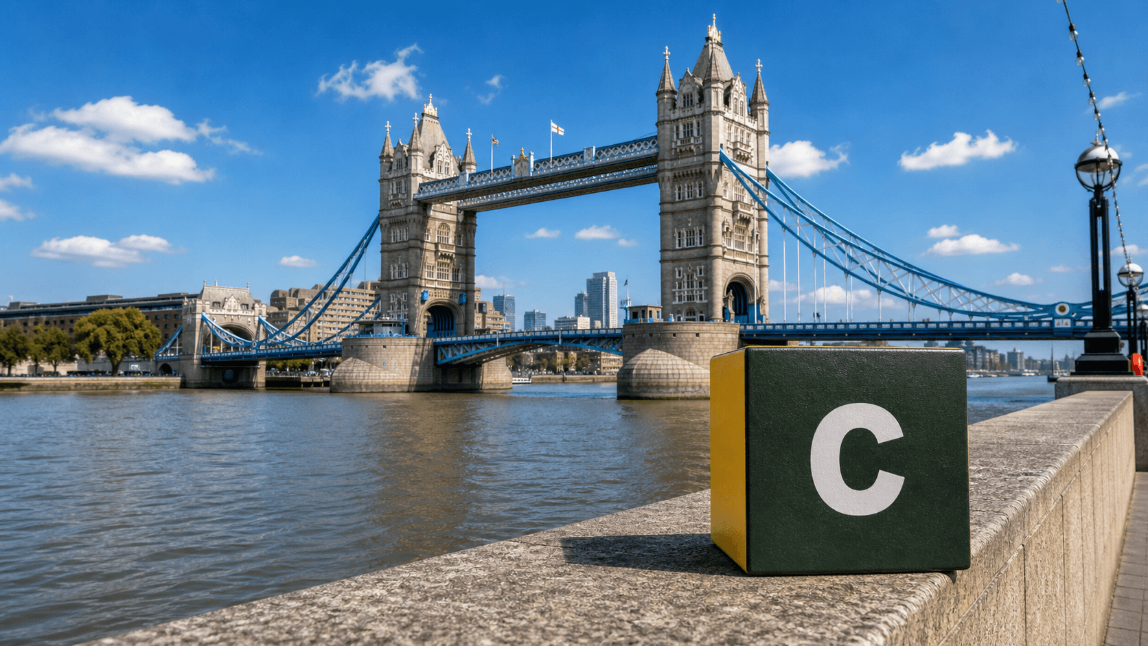 AI training in London with a realistic Coaley Peak branded 3D cube at Tower Bridge