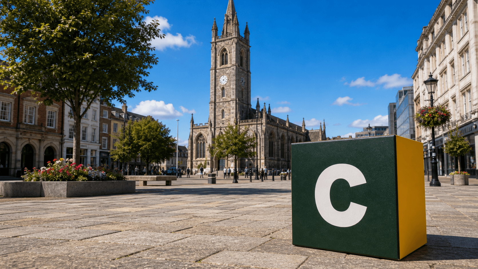 AI training in Luton with a realistic Coaley Peak branded 3D cube at St Mary's Church in Luton