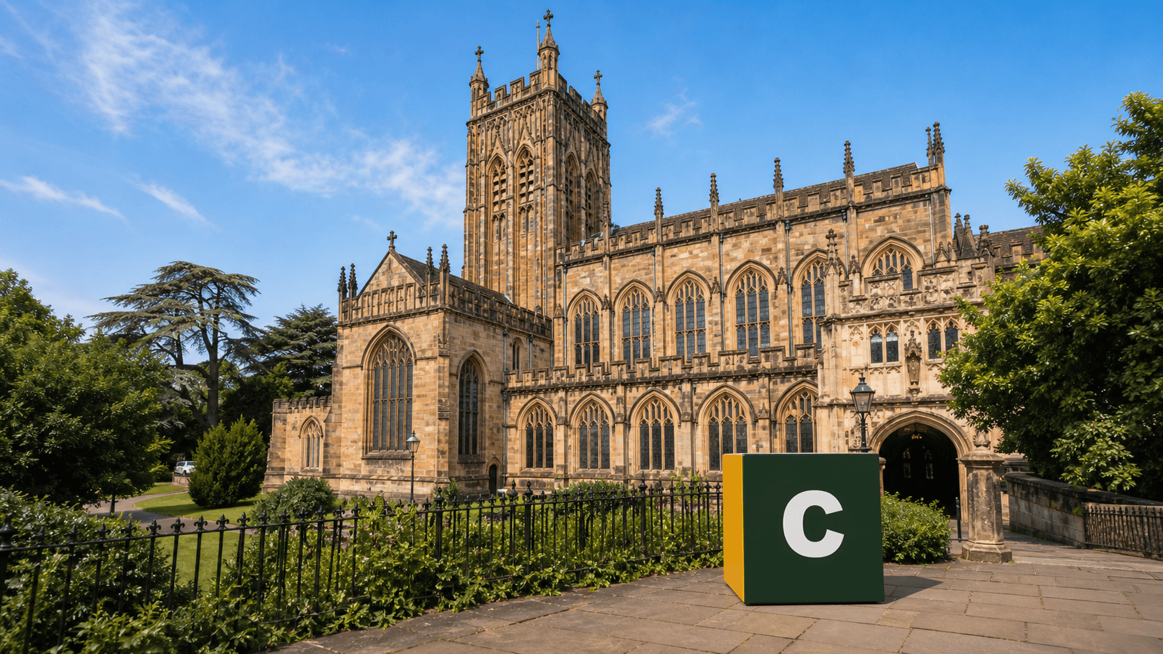 AI training in Malvern with a realistic Coaley Peak branded 3D cube at Great Malvern Priory