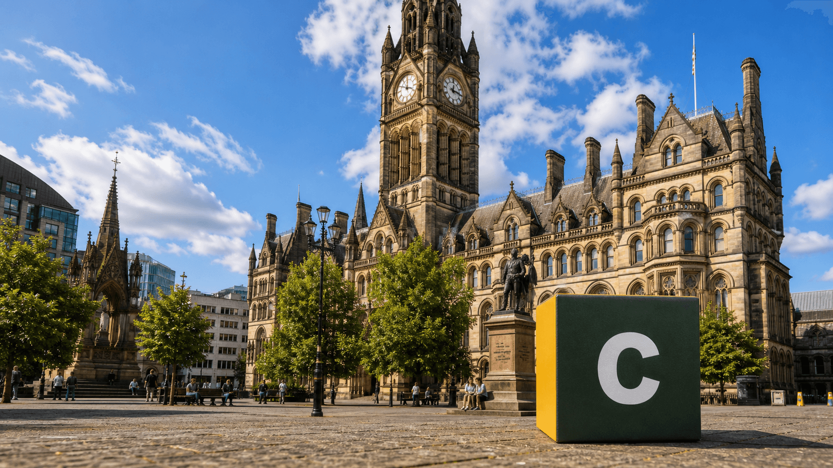 AI training in Manchester with a realistic Coaley Peak branded 3D cube at Manchester Town Hall