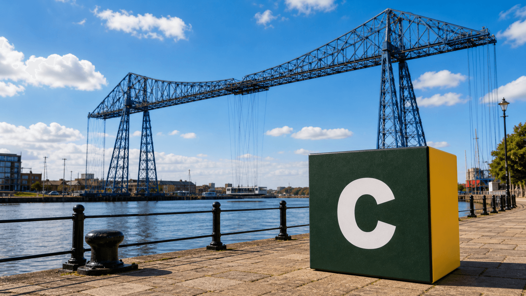 AI training in Middlesbrough with a realistic Coaley Peak branded 3D cube at the Middlesbrough Transporter Bridge