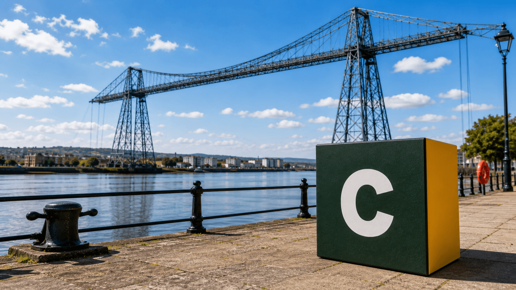 AI training in Newport with a realistic Coaley Peak branded 3D cube at Newport Transporter Bridge