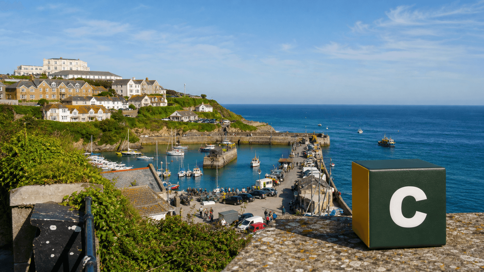 AI training in Newquay with a realistic Coaley Peak branded 3D cube at Newquay Harbour