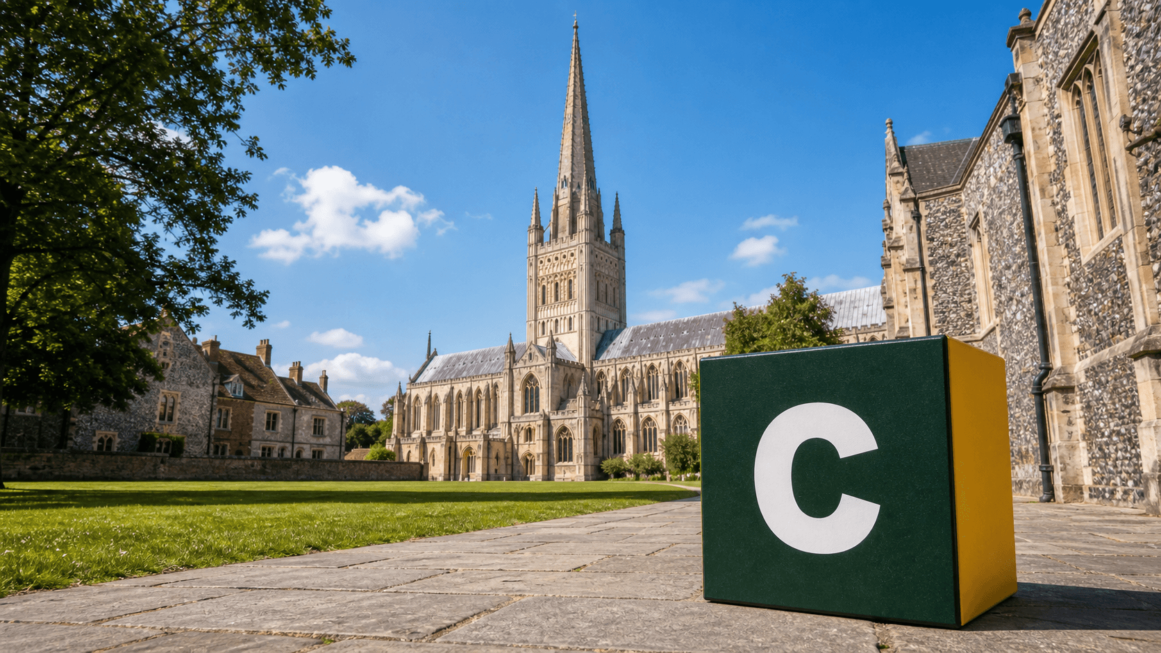 AI training in Norwich with a realistic Coaley Peak branded 3D cube at Norwich Cathedral and Cathedral Close