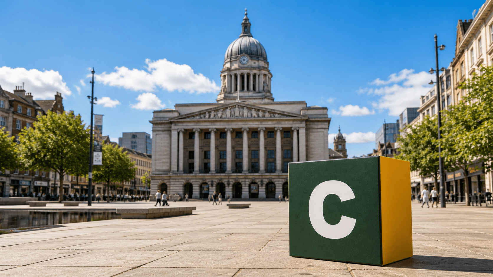 AI training in Nottingham with a realistic Coaley Peak branded 3D cube at Nottingham Council House in Old Market Square