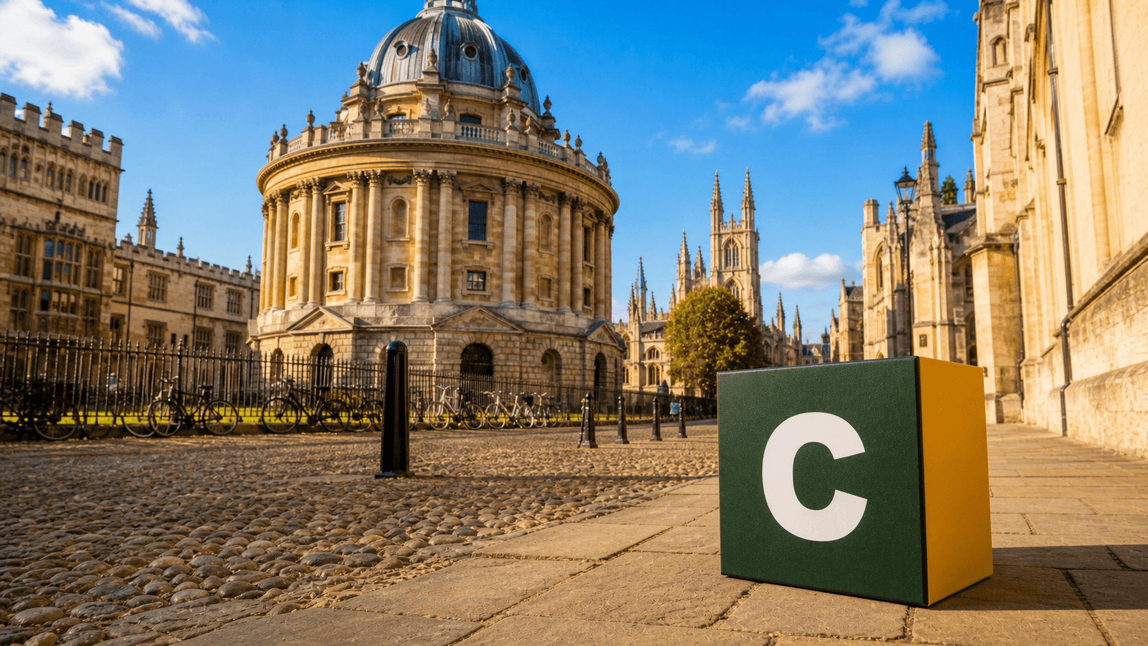 AI training in Oxford with a realistic Coaley Peak branded 3D cube at the Radcliffe Camera