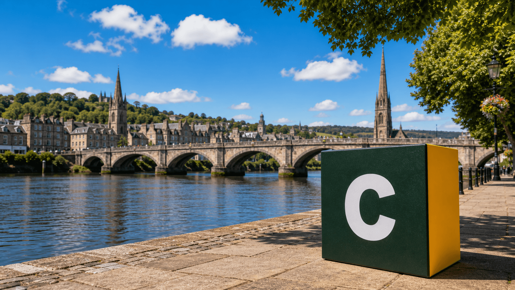 AI training in Perth with a realistic Coaley Peak branded 3D cube at Perth Bridge and the River Tay