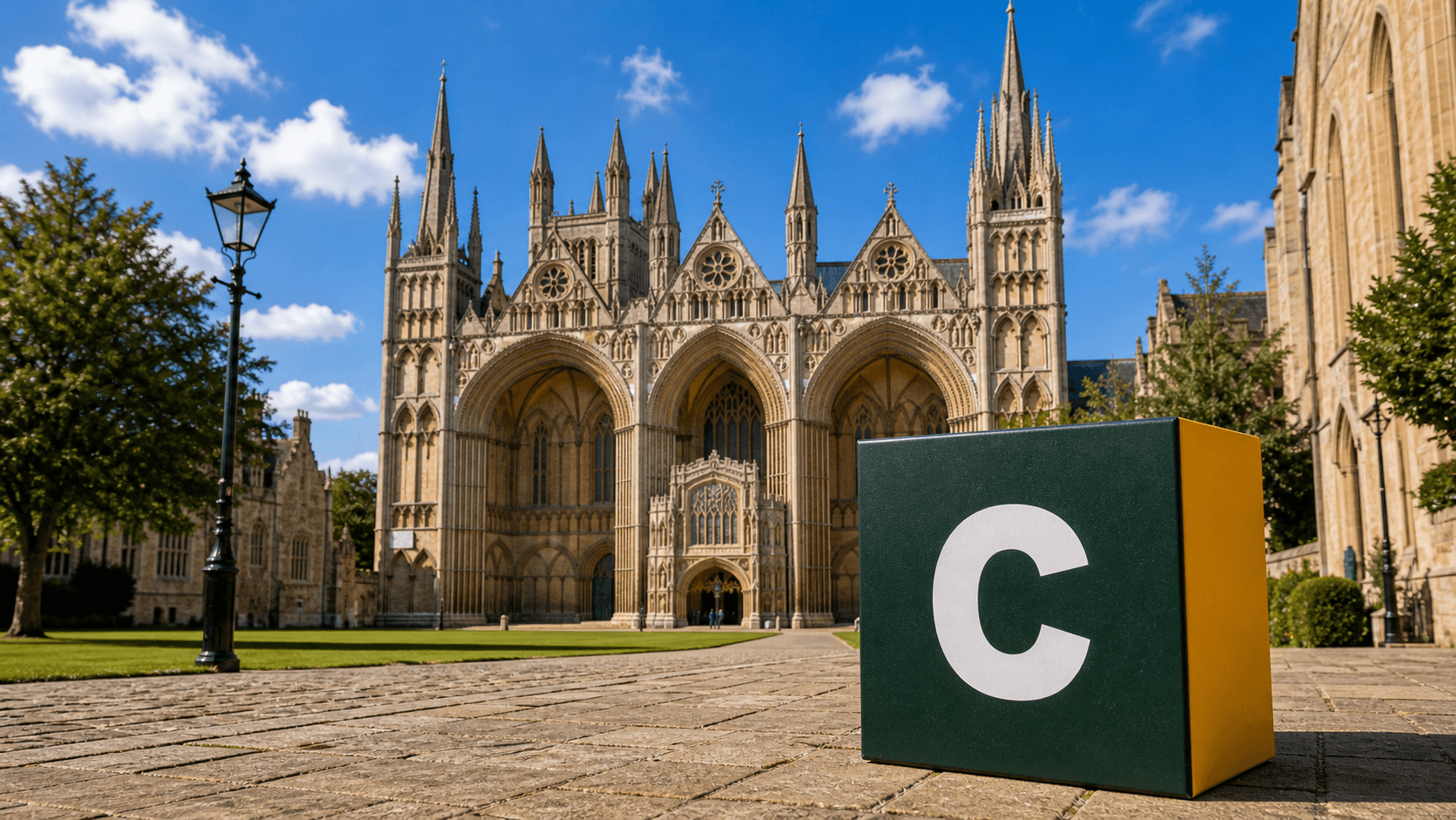 AI training in Peterborough with a realistic Coaley Peak branded 3D cube at Peterborough Cathedral