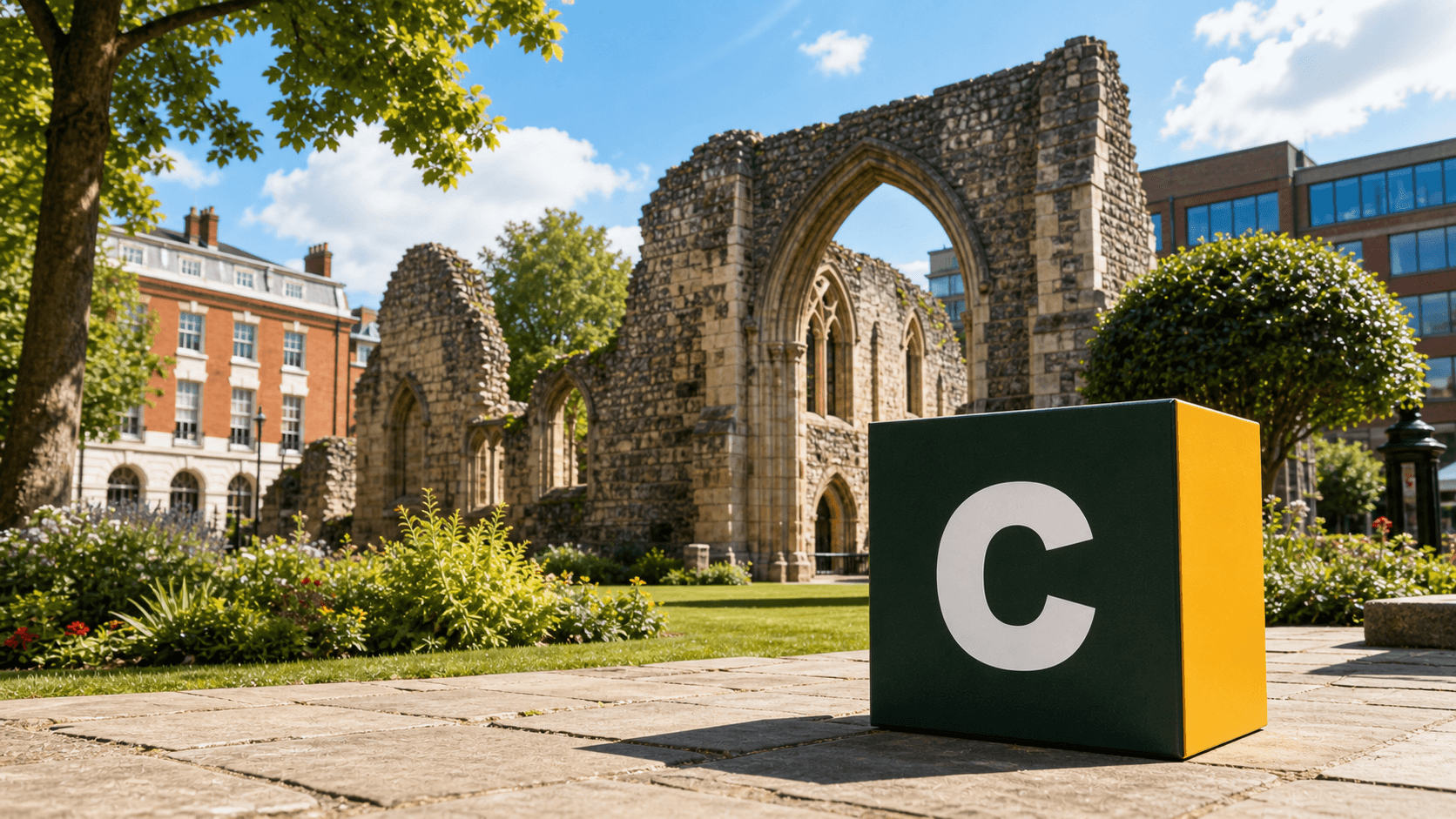 AI training in Reading with a realistic Coaley Peak branded 3D cube at Reading Abbey Ruins and Forbury Gardens