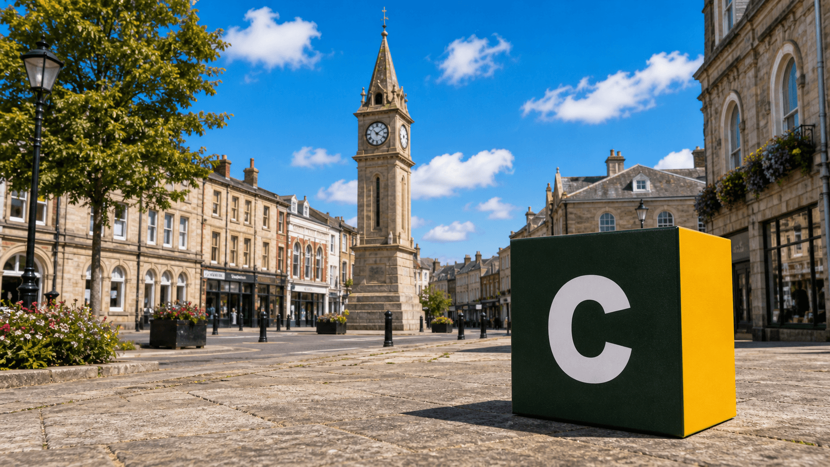 AI training in Redruth with a realistic Coaley Peak branded 3D cube at Redruth town centre and Cornish mining heritage