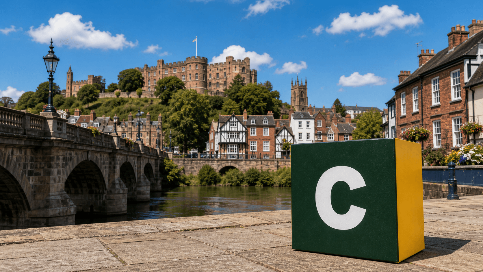 AI training in Shrewsbury with a realistic Coaley Peak branded 3D cube at Shrewsbury Castle and historic town centre