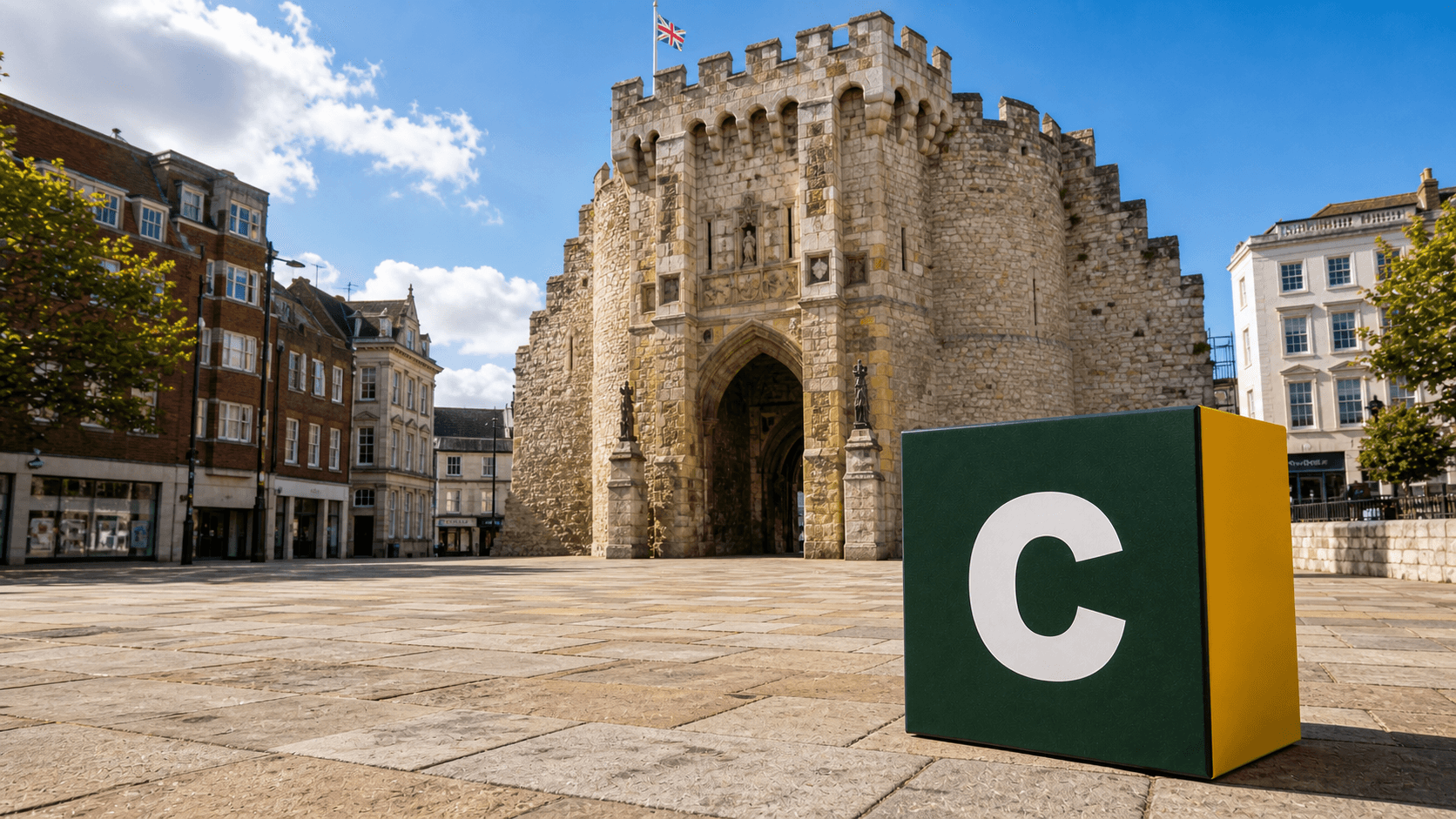 AI training in Southampton with a realistic Coaley Peak branded 3D cube at the Southampton Bargate