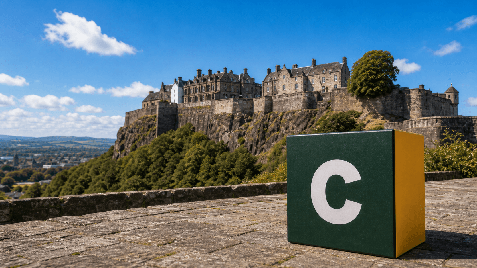 AI training in Stirling with a realistic Coaley Peak branded 3D cube at Stirling Castle