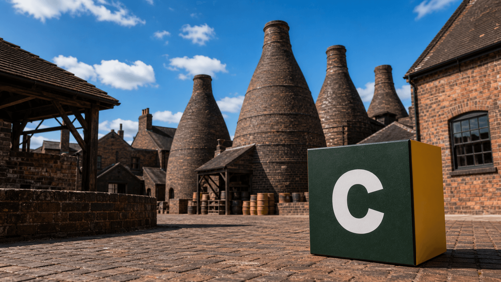 AI training in Stoke-on-Trent with a realistic Coaley Peak branded 3D cube at Gladstone Pottery Museum bottle kilns