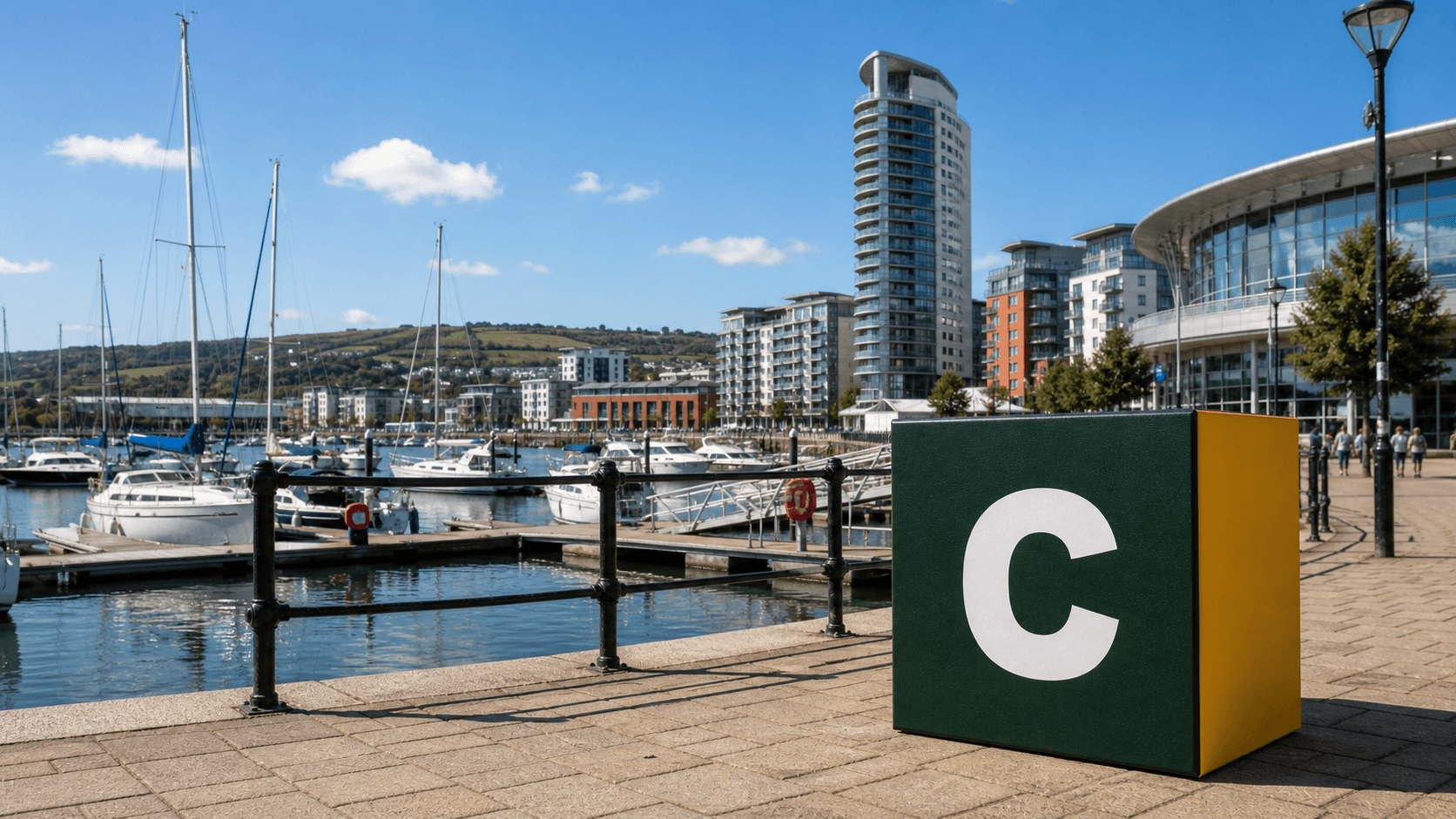 AI training in Swansea with a realistic Coaley Peak branded 3D cube at Swansea Marina
