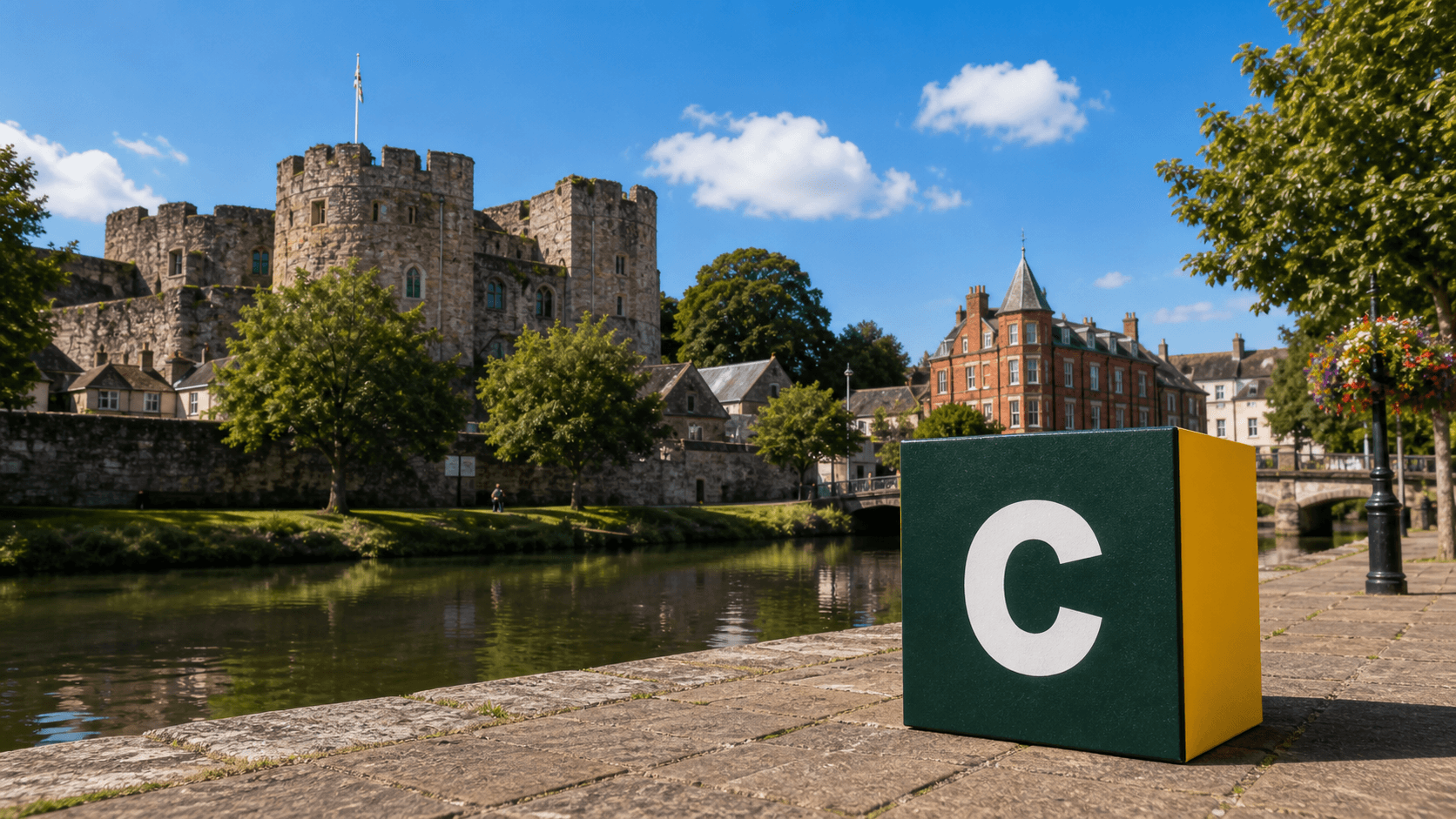AI training in Tiverton with a realistic Coaley Peak branded 3D cube at Tiverton Castle and market-town stonework