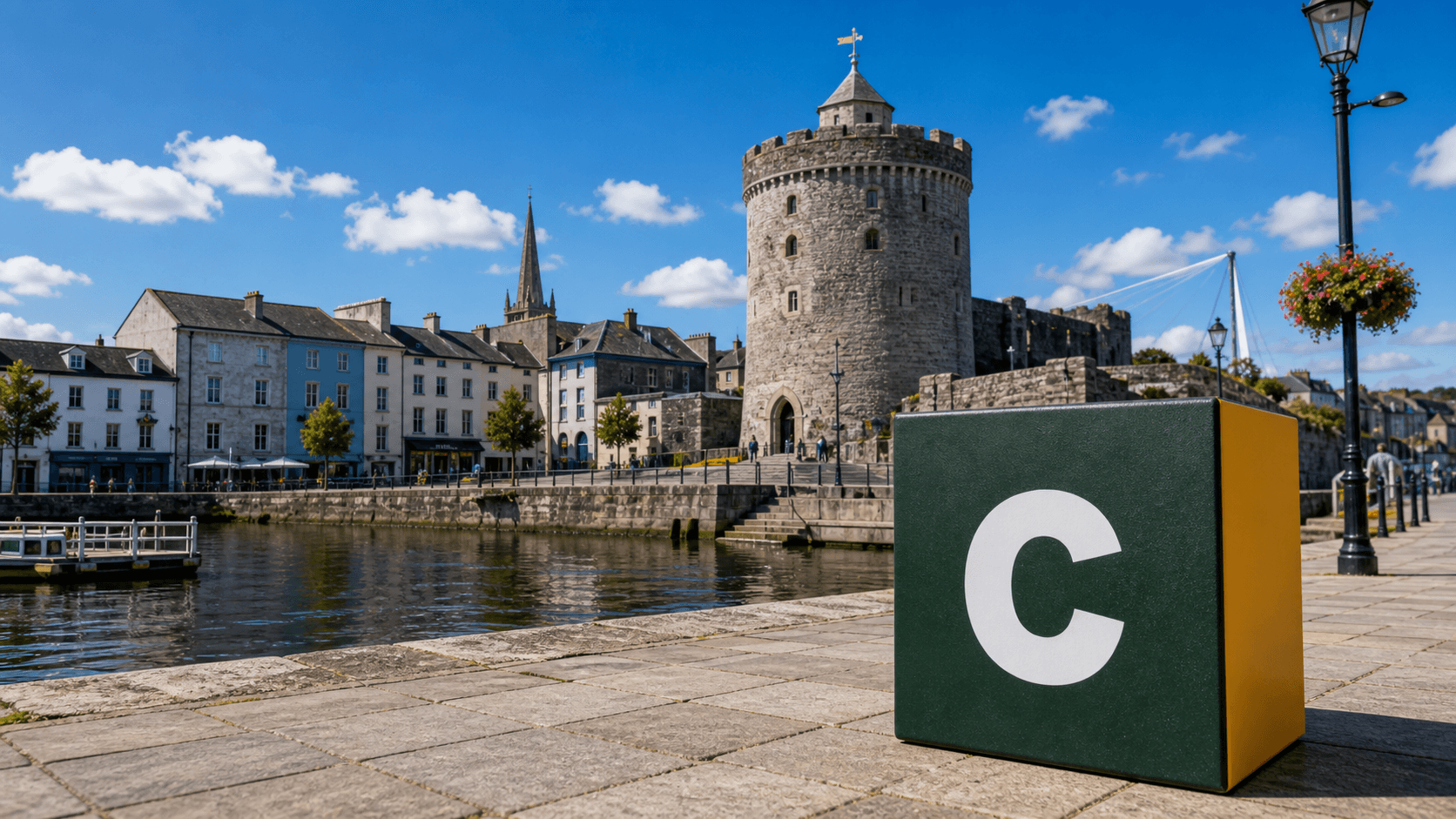 AI training in Waterford with a realistic Coaley Peak branded 3D cube at Reginald's Tower and the Viking Triangle