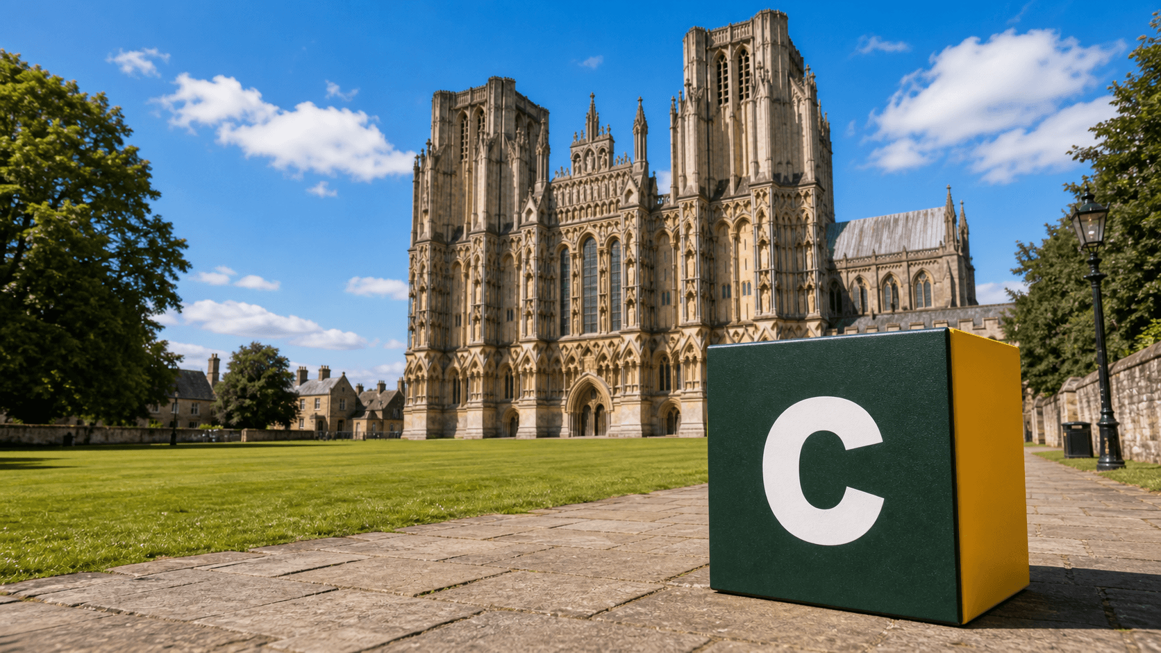 AI training in Wells with a realistic Coaley Peak branded 3D cube at Wells Cathedral and Cathedral Green