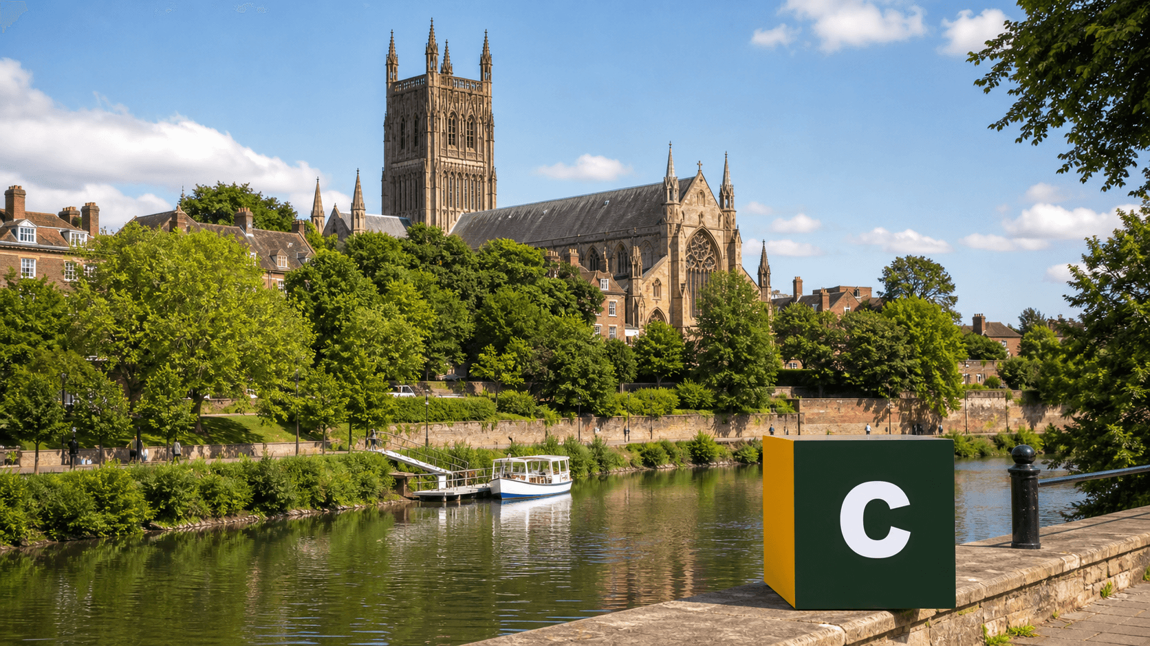 AI training in Worcester with a realistic Coaley Peak branded 3D cube at Worcester Cathedral