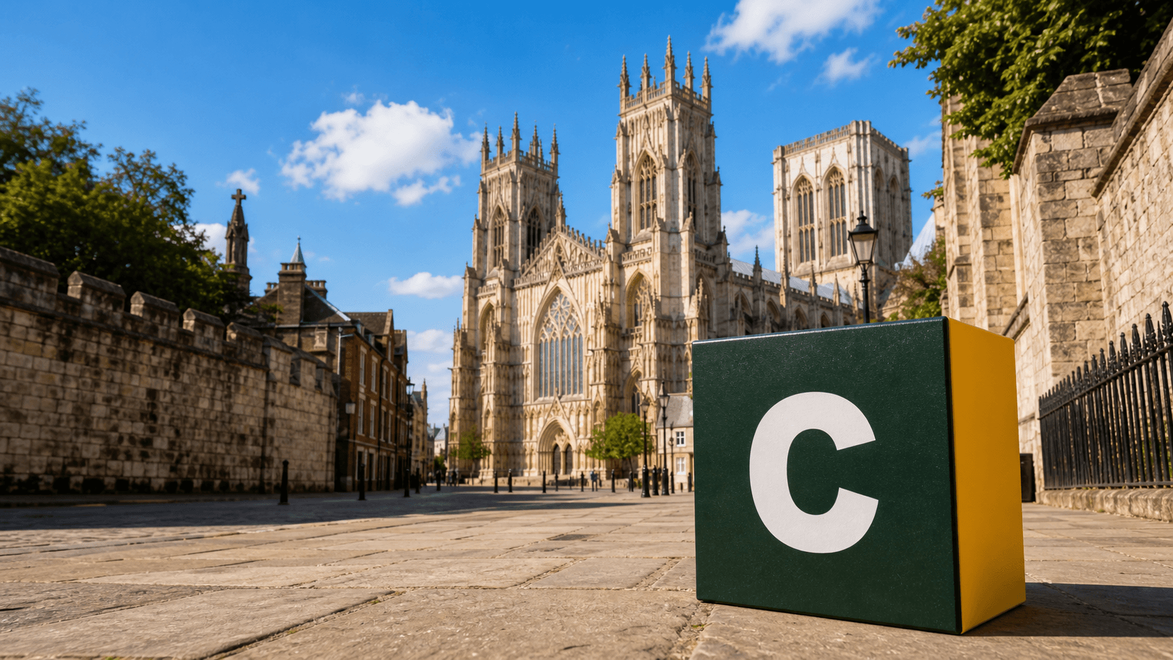 AI training in York with a realistic Coaley Peak branded 3D cube at York Minster